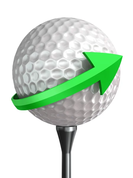 高尔夫球在球棒上三通和绿色箭头 — 图库照片