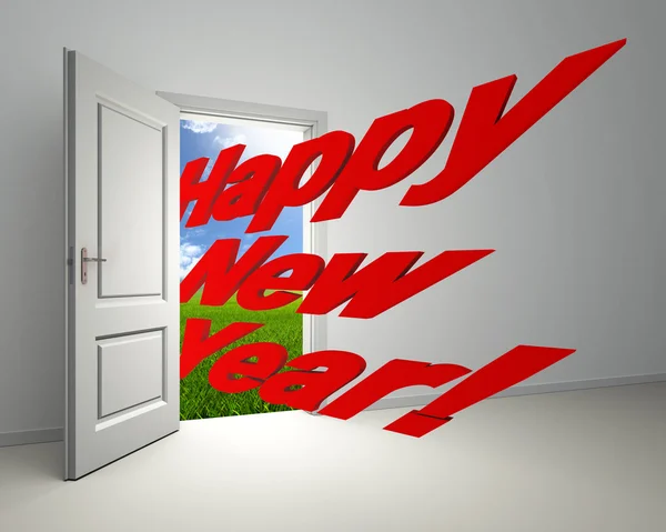 Felice anno nuovo entrando dalla porta aperta — Foto Stock