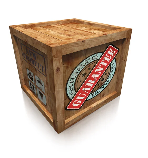 Guarantee sign on wooden box crate — Stock Photo, Image
