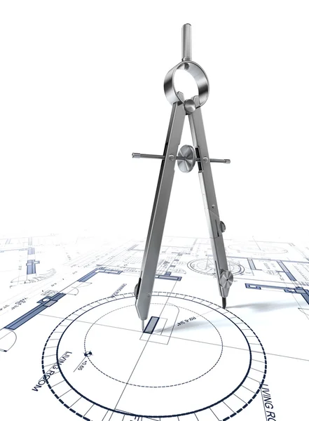 Compass drawing circle on architectural plan — Stock Photo, Image