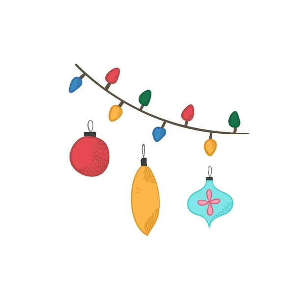 Lindo dibujo animado brillantes bolas de Navidad y guirnalda — Vector de stock