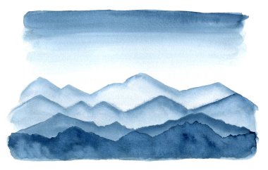 Sis dağlı mavi suluboya manzara