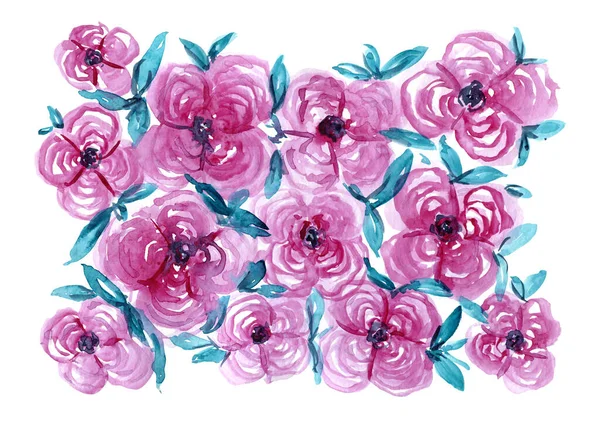 明るい水彩ピンクと青の花の花束 — ストック写真