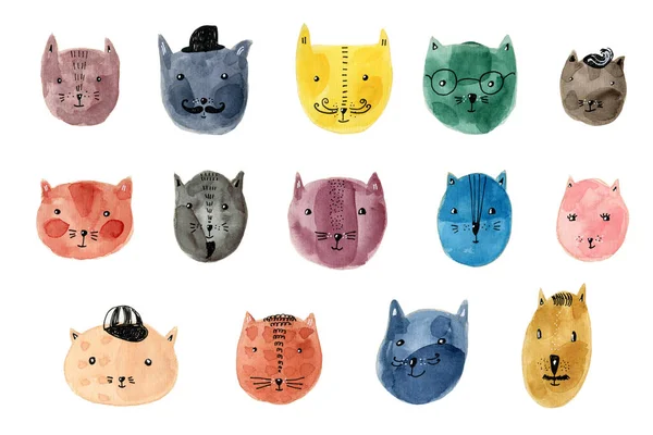 Conjunto de mão bonito desenhado cabeças de gato aquarela — Fotografia de Stock
