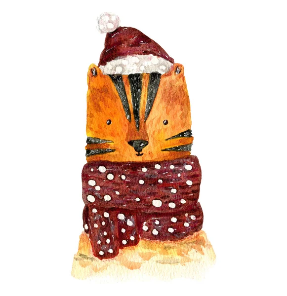 Niedliche Weihnachten Aquarell Tiger in großen roten Schal — Stockfoto