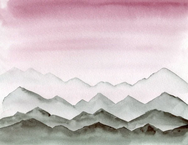 Paesaggio acquerello rosa con montagne foschia grigia — Foto Stock