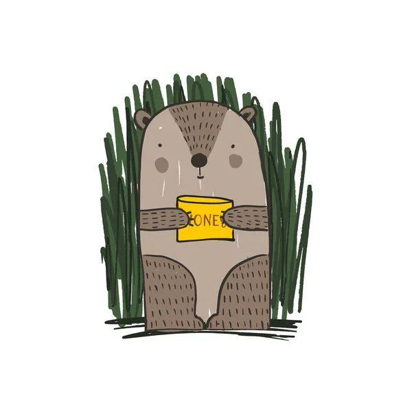 Söt brun björn med honung burk illustration — Stock vektor