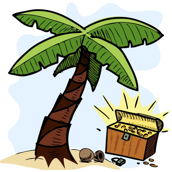 Palm tree and pirate chest on the seashore. — Stock Vector
