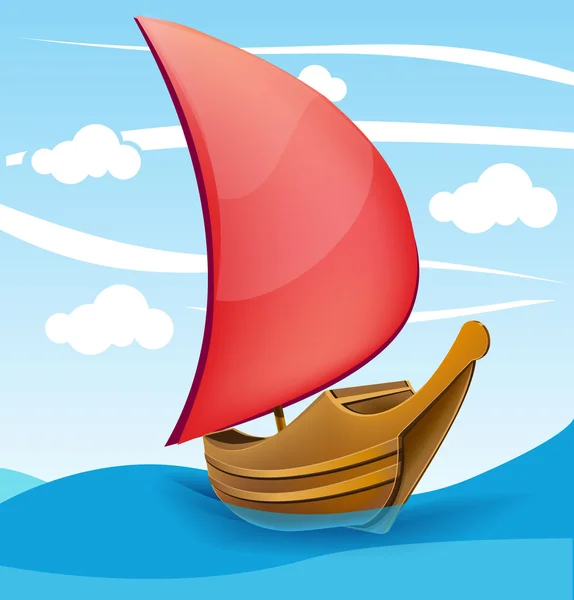 Romantic boat with red sail on a cloudy background. — Stock Vector