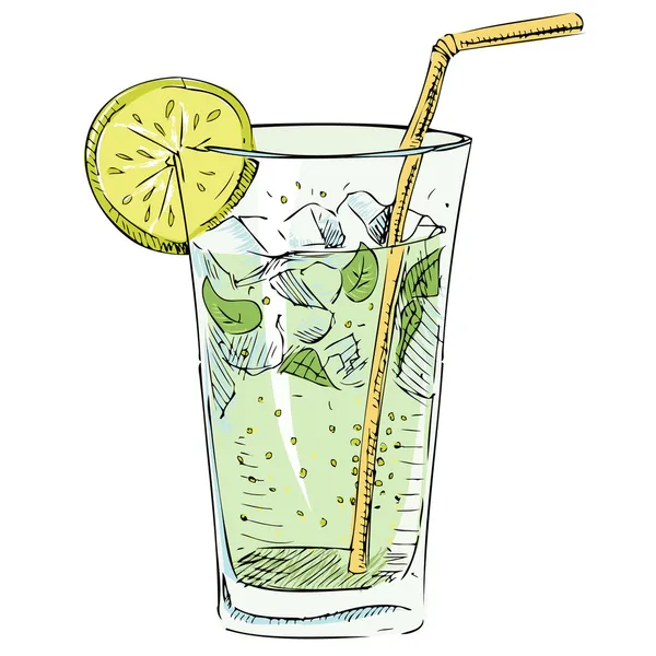 Vidrio de soda con segmento cítrico y cubitos de hielo . — Vector de stock