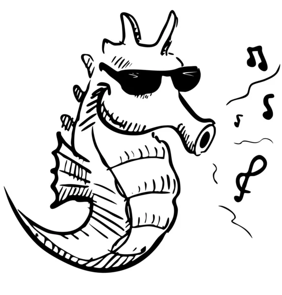 Seahorse in zonnebril fluiten muziek. — Stockvector