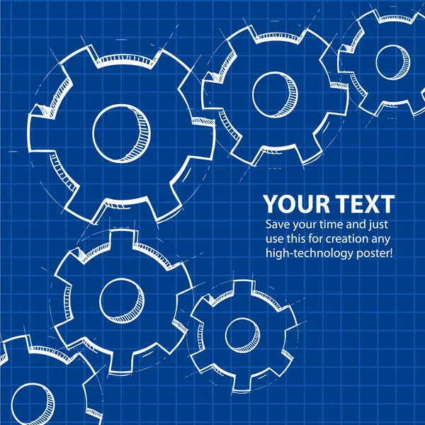 Techno fond bleu avec des engrenages de dessin à la main et un échantillon de texte . — Image vectorielle