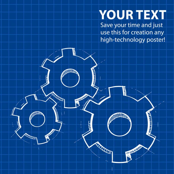 Techno blue background with hand drawing gears and sample text. — Stock Vector
