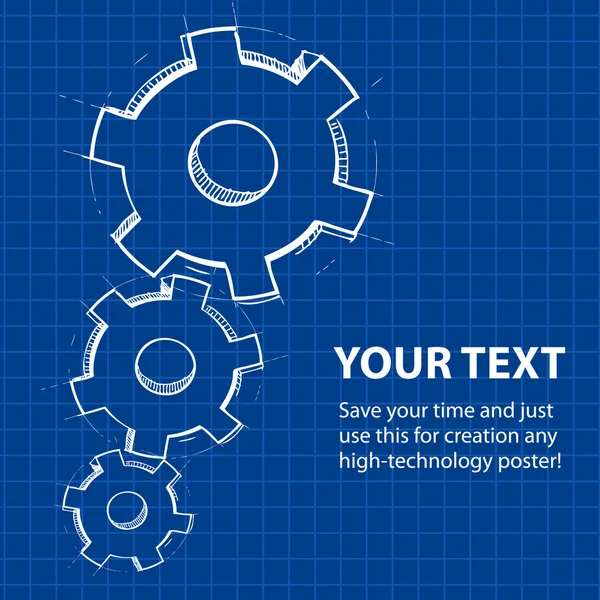 Techno blauwe achtergrond met hand tekenen versnellingen en voorbeeldtekst. — Stockvector
