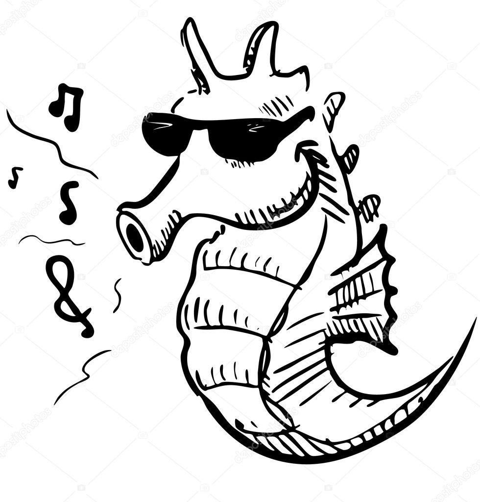 Seahorse in sunglasses whistling music.