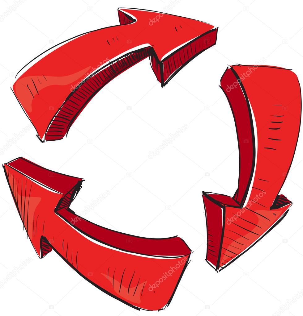 Cartoon red arrows and recycle sign icon.