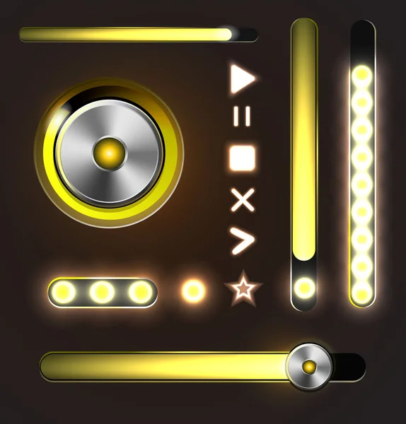 Equalizer och spelare glänsande metall knappar med spår bar. — Stock vektor