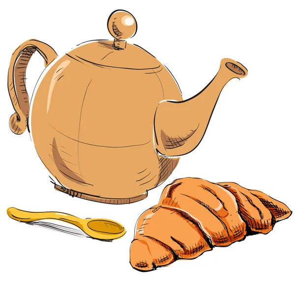 Fresh croissant and kettle. — Stock vektor