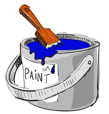 Boya Kovası ve fırça. renkli el çizim karikatür çocuksu doodle tarzı illüstrasyon kroki