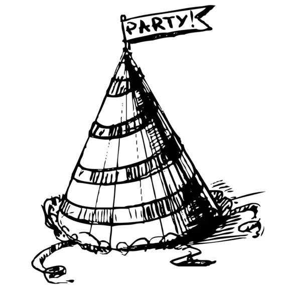 パーティー キャップ リボン上に幸せな誕生日の旗で飾られて。手の幼稚ないたずら書きスタイルで描画の漫画スケッチ図 — ストックベクタ
