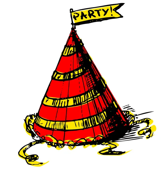 Cappellino da festa decorato con nastro e bandiera di buon compleanno sulla parte superiore. Illustrazione colorata del disegno del fumetto a mano in stile scarabocchio infantile — Vettoriale Stock