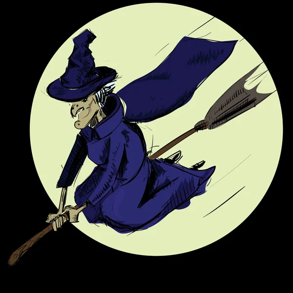 Hexe fliegt auf dem Besen. Handzeichnung Skizze Vektor Illustration — Stockvektor