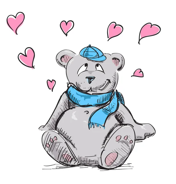 Dalam cinta lucu teddy bear sketsa vektor gambar - Stok Vektor