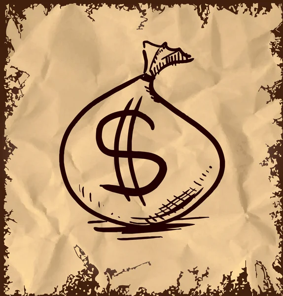 ビンテージ背景に分離されたドル記号とお金の袋。手描きのスケッチのベクトル図 — ストックベクタ