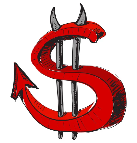 Ícone do dólar do dinheiro do diabo. Desenho à mão desenhos animados desenho ilustração em estilo doodle infantil — Vetor de Stock