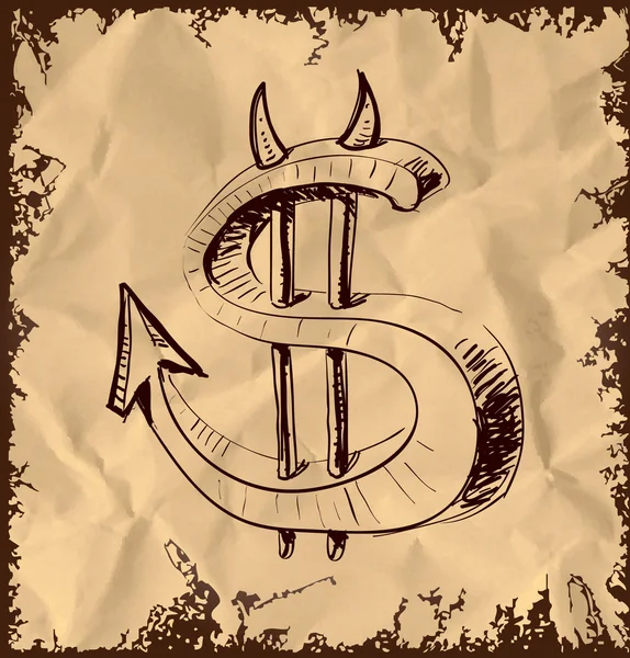 Icône argent du diable dollar. Dessin à la main illustration de croquis de dessins animés dans un style enfantin doodle — Image vectorielle