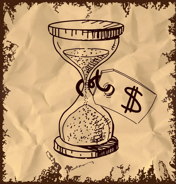 Reloj de cristal de arena y etiqueta con signo de dólar aislado sobre fondo vintage. Dibujo a mano dibujo vector ilustración — Vector de stock