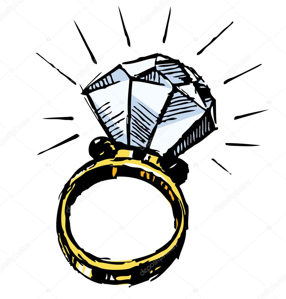 Ring with a big sparling diamond. Sketch vector illustration