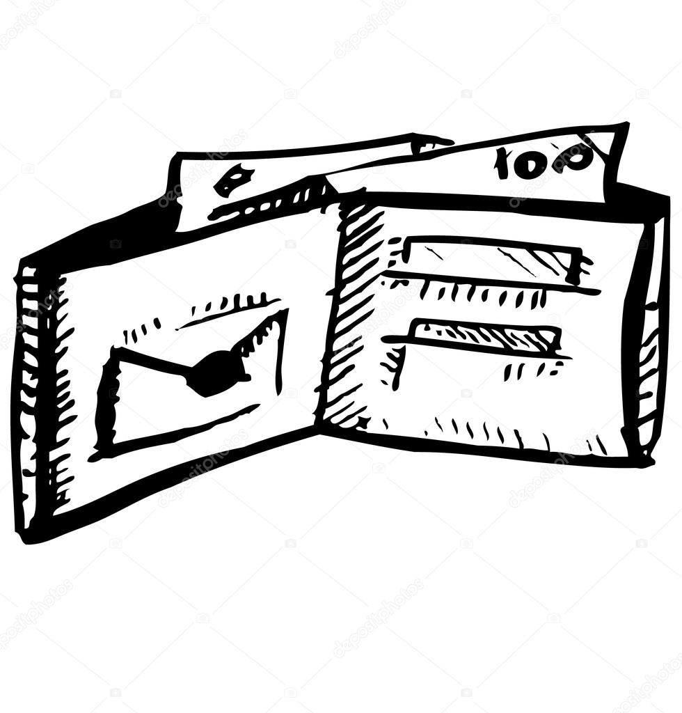 Leather wallet with the money. Hand drawing sketch vector illustration