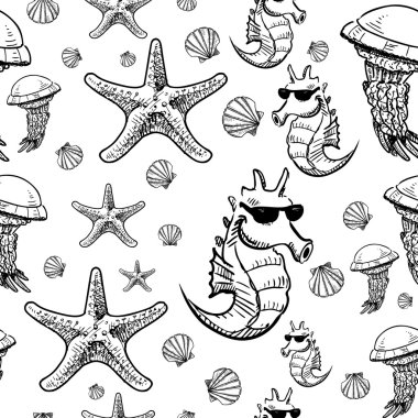 Deniz kabukları, arka plan eskiz. Dikişsiz vektör desen