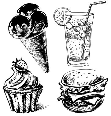 Fast food ve tatlılar ayarlayın. El çizimi sketch vektör çizim