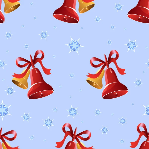 Fondo de Navidad con campanas, arco, estrellas y copos de nieve, ilustración — Vector de stock