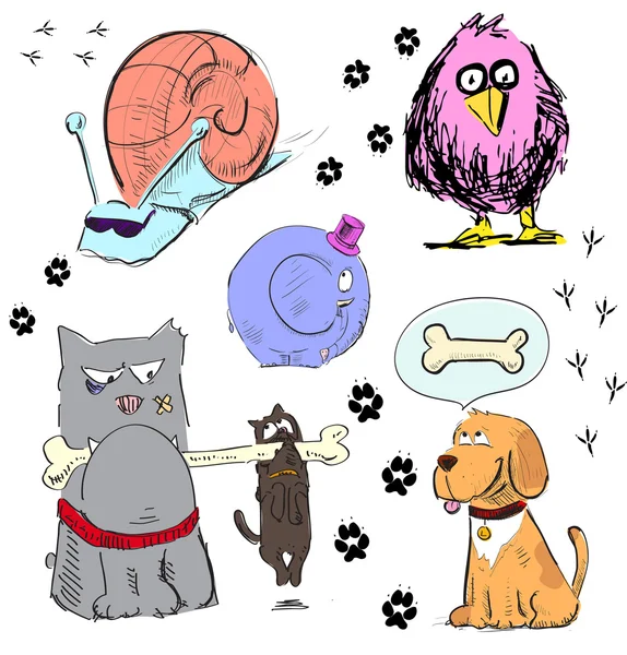 Dibujos animados animales personajes colorido conjunto. Dibujo a mano dibujo vector ilustración — Vector de stock