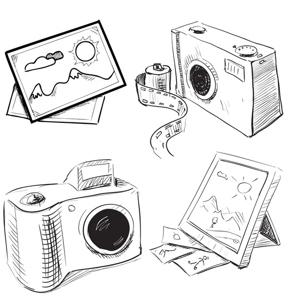 Camera en pictogrammen. schets vectorobjecten geïsoleerd op witte achtergrond — Stockvector