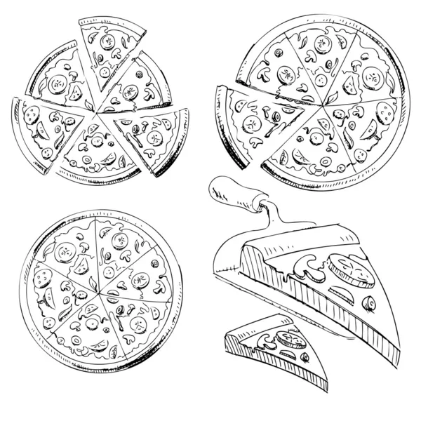 Beyaz arka plan üzerinde izole dilimlenmiş pizza topluluğu. El çizimi sketch vektör çizim — Stok Vektör