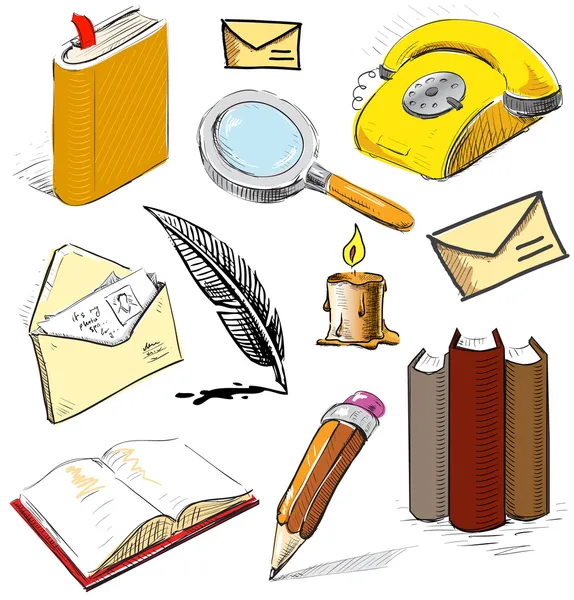 Office stuff set.Reading writing communicating objects. Hand drawing sketch vector collection — 스톡 벡터