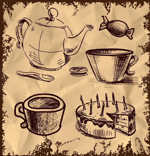 Tea time collezione di oggetti isolati su sfondo vintage. Illustrazione vettoriale schizzo disegno a mano — Vettoriale Stock