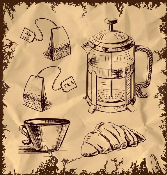 Tea Time Objekte Sammlung isoliert auf Vintage-Hintergrund. Handzeichnung Skizze Vektor Illustration — Stockvektor