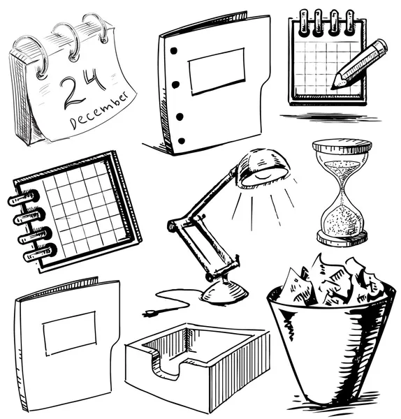 Office stuff instellen. hand tekenen schets vectorillustratie — Stockvector