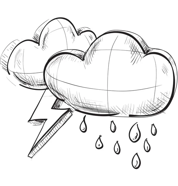 Sketch weather icons: two clouds with lightnings and rain drops — Stockový vektor