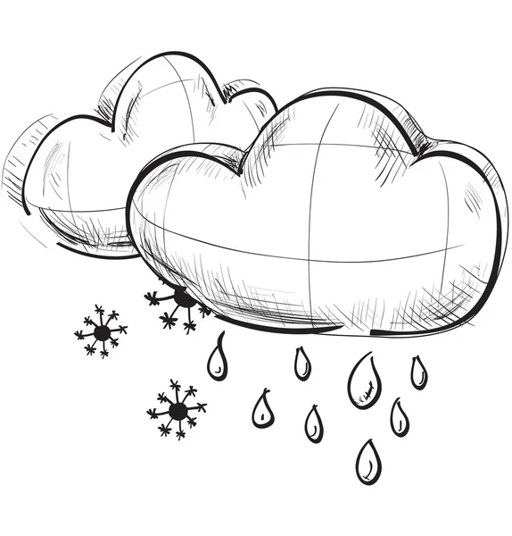 Icone meteo schizzo: due nuvole con gocce di pioggia e fiocchi di neve — Vettoriale Stock