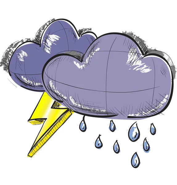Esquisse couleur icônes météo : deux nuages avec éclairs et gouttes de pluie — Image vectorielle