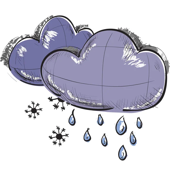 Icone meteo a colori: due nuvole con gocce di pioggia e fiocchi di neve — Vettoriale Stock