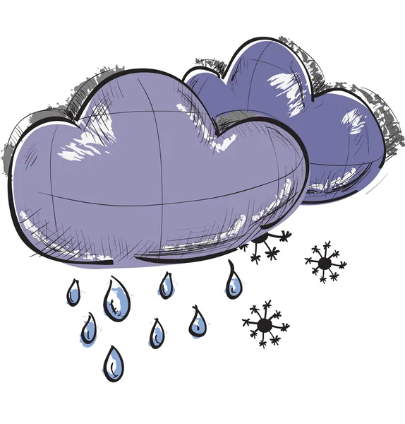 Croquis couleur icônes météo : deux nuages gouttes de pluie — Image vectorielle