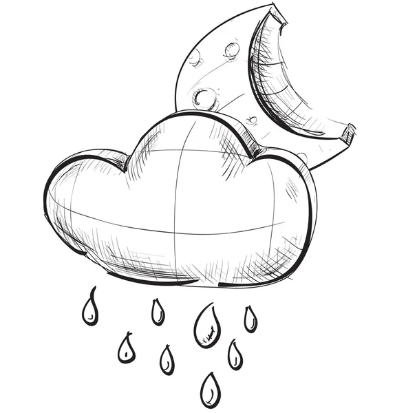 Sketch weather icons: night moon and cloud with rain drops — Stock vektor