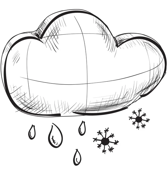 Wetter-Ikonen skizzieren: zwei Wolken mit Regentropfen und Schneeflocken — Stockvektor